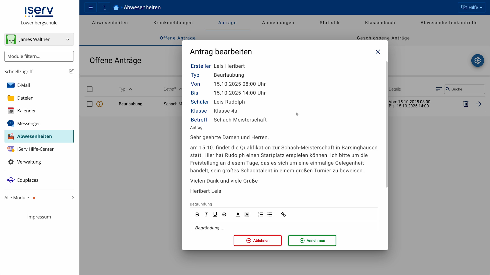 Antrag Beurlaubung bearbeiten