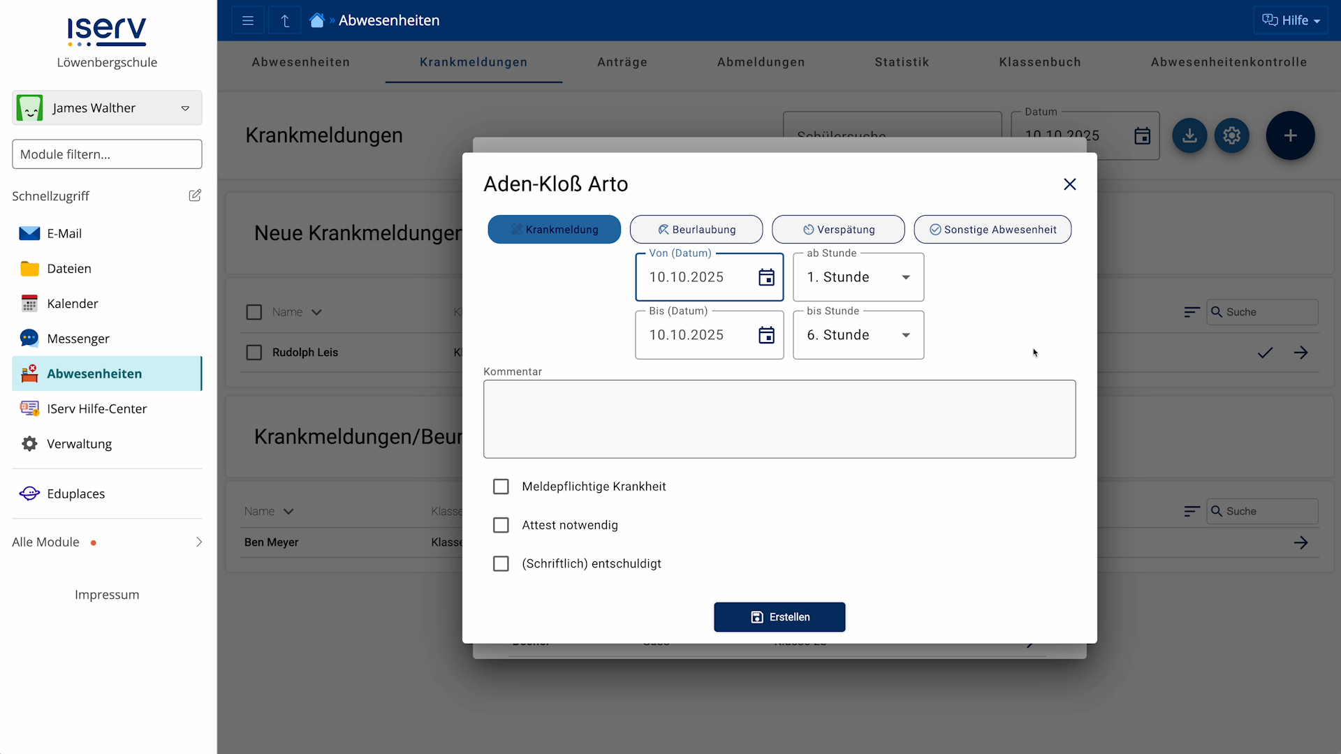 Abwesenheit eintragen