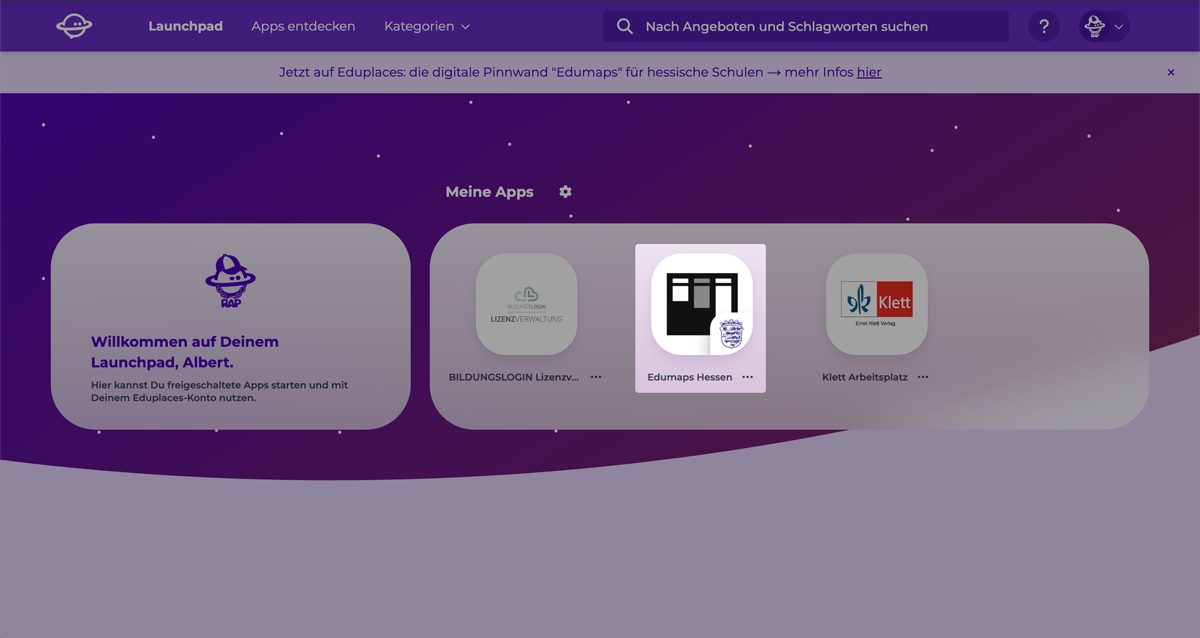 Im Eduplaces Launchpad ist neben zwei weiteren Apps die Anwendung Edumaps Hessen zu sehen.