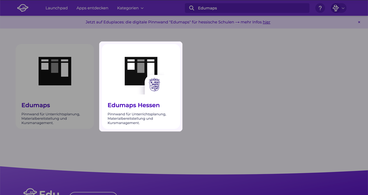 Im Eduplaces App-Store ist die App-Kachel Edumaps Hessen zu sehen.