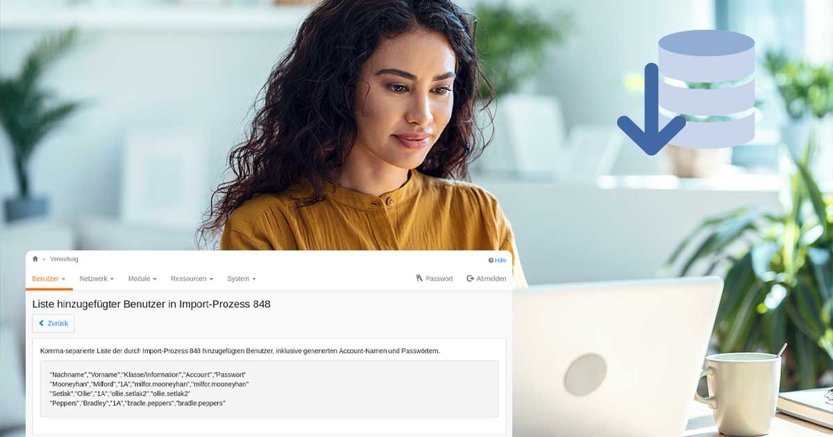 Frau im gelben Oberteil sitzt am Laptop