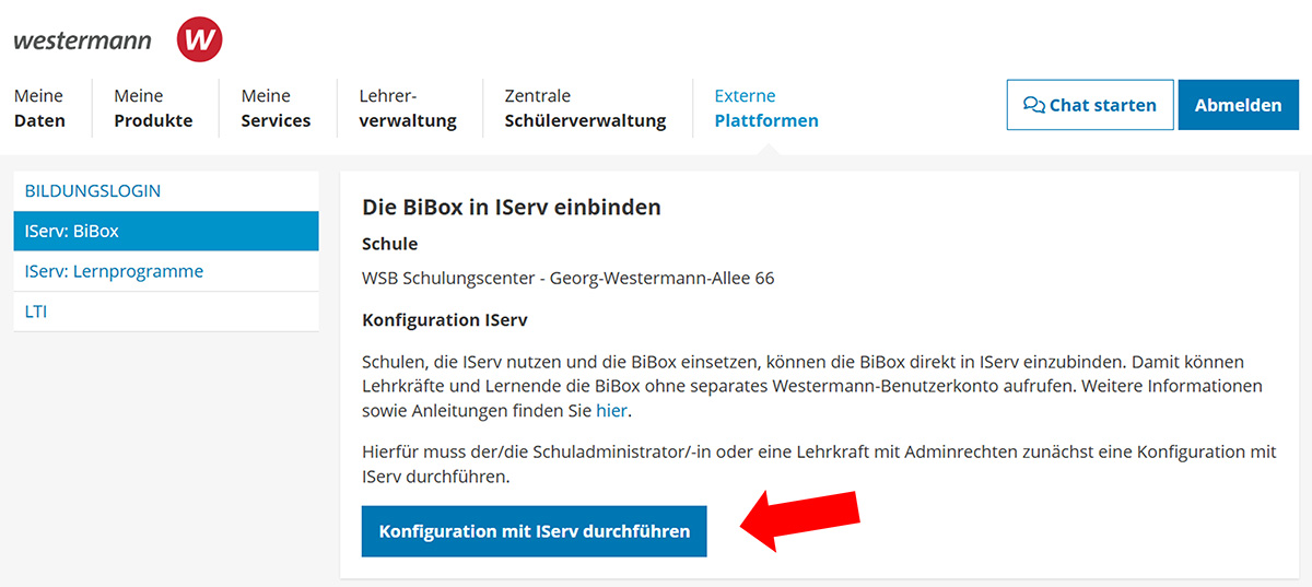 Ein Screenshot aus der Westermann-Schulkonto-Verwaltung. Ein Pfeil zeigt auf den Button "Konfiguration mit IServ durchführen".
