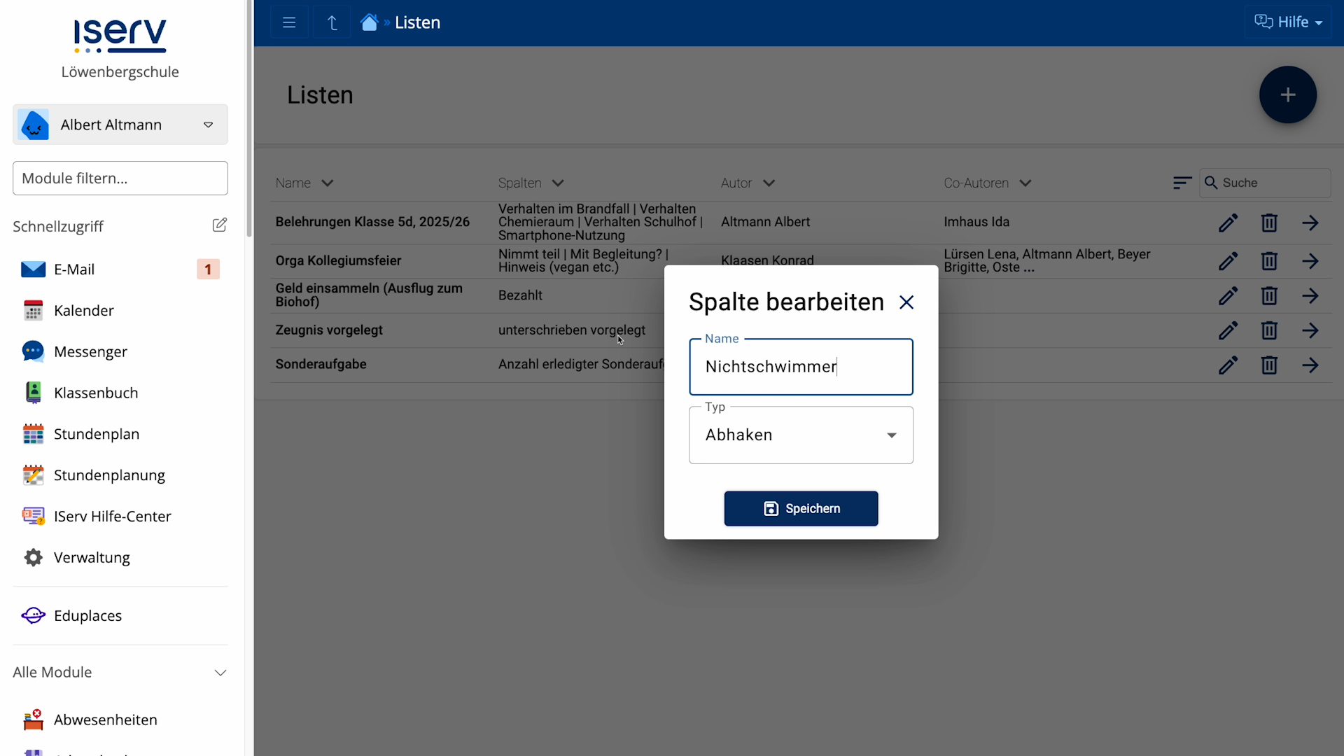 Spaltentyp ausgewählt